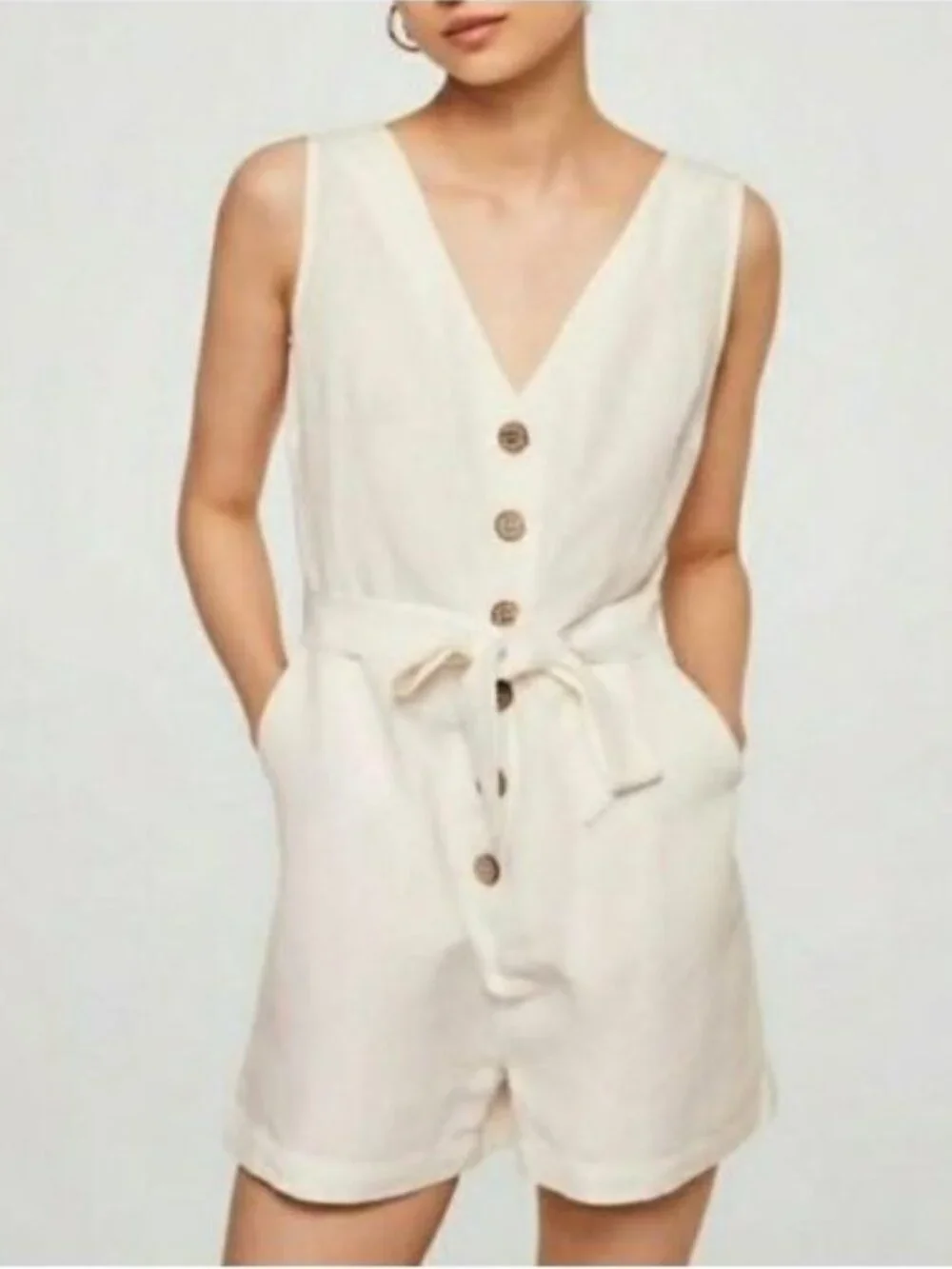 Mango MNG White Linen Blend Button Front Tie Waist Romper Pockets XS
